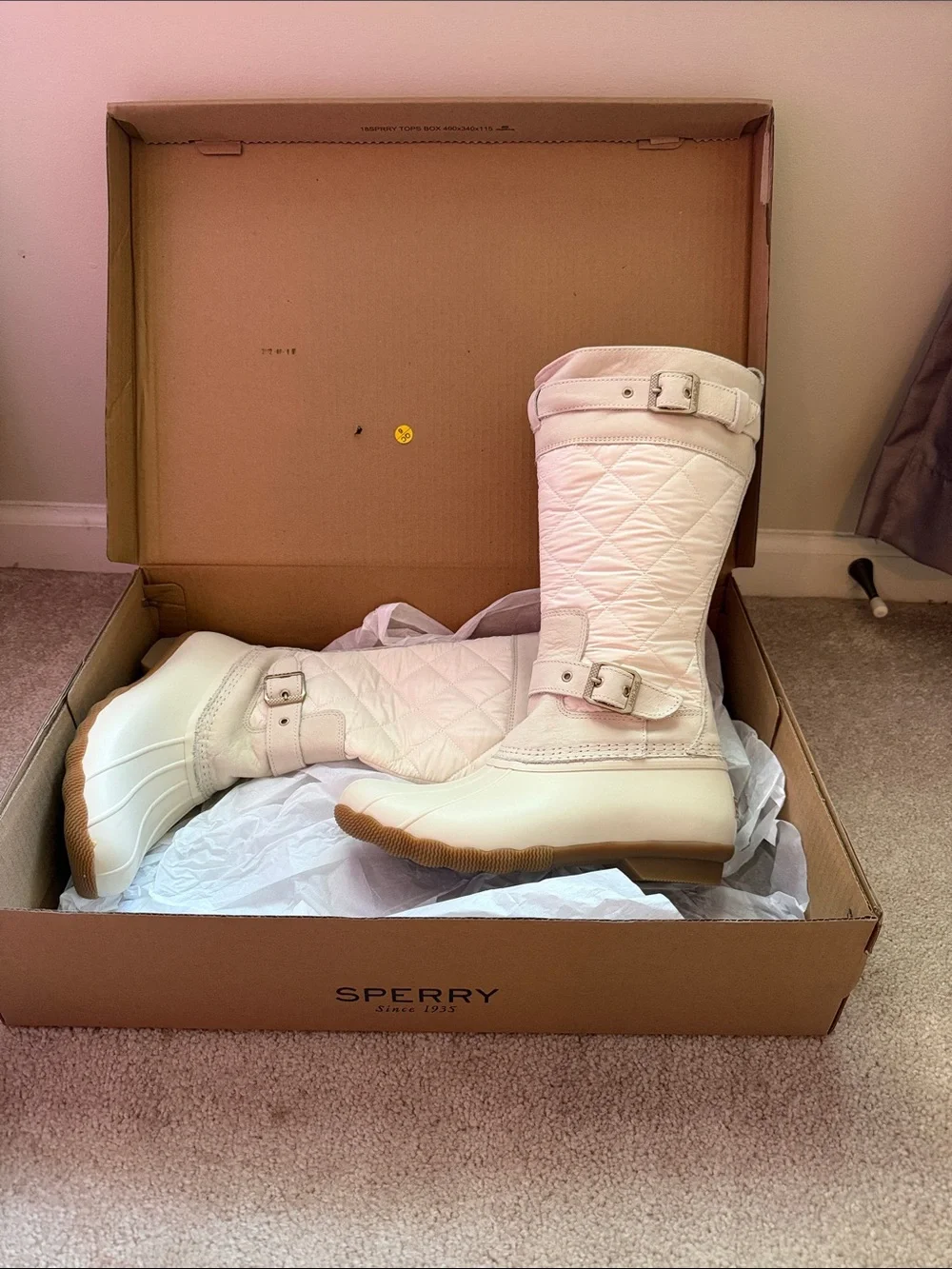 Sperry Quilted Cream Mid-Calf Rain Boots with Buckle Straps